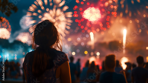 Fototapeta Naklejka Na Ścianę i Meble -  Back View of a Woman Watching Vibrant Fireworks During Independence Day Celebration at Night
