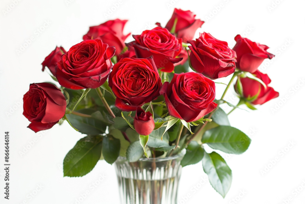 Red roses in a vase on a white background. Copy space, greetings for holiday, birthday, womens day Red roses in a vase on a white background. Copy space, greetings for holiday, birthday, womens day