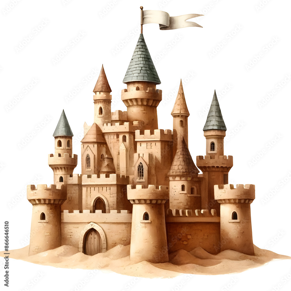Obraz premium Detailed sandcastle featuring multiple turrets and a flag, showcasing impressive craftsmanship and imagination on the beach.