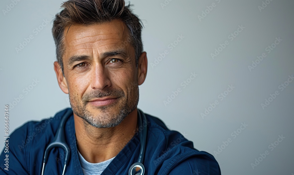Obraz premium Professional male nurse in uniform against white backdrop.