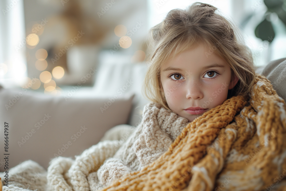 Girl sitting on sofa at home feeling unhealthy with influenza or seasonal flu or cold. Family health and medicine concept Girl sitting on sofa at home feeling unhealthy with influenza or seasonal flu or cold. Family health and medicine concept