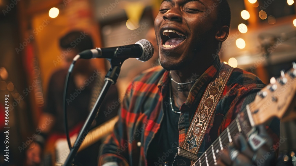 African-American man in the recording studio, captured from a high angle, singing into a microphone and playing guitar during a rehearsal. Great for stock photos of musical performances. African-American man in the recording studio, captured from a high angle, singing into a microphone and playing guitar during a rehearsal. Great for stock photos of musical performances.