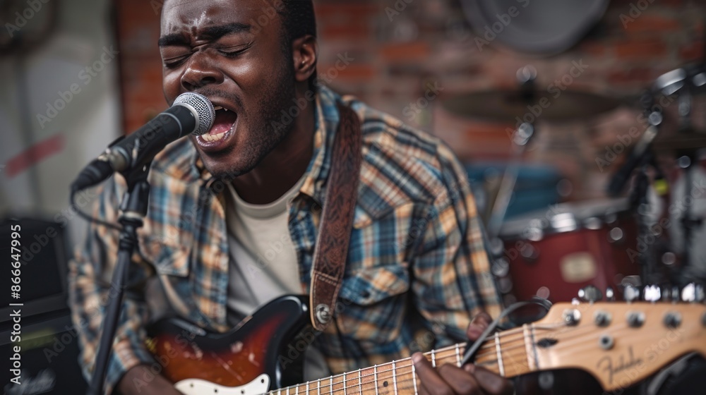 Fototapeta premium African-American man in the recording studio, captured from a high angle, singing into a microphone and playing guitar during a rehearsal. Great for stock photos of musical performances.