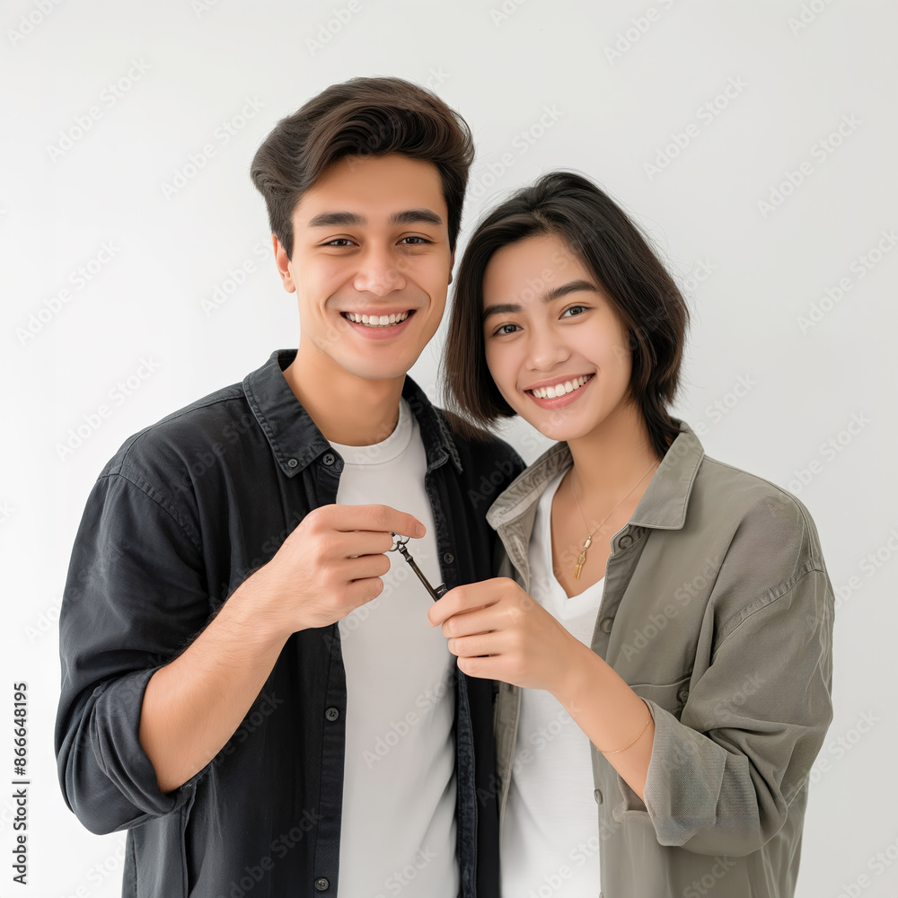 Young couple holding keys to new home smiling at camera Young couple holding keys to new home smiling at camera