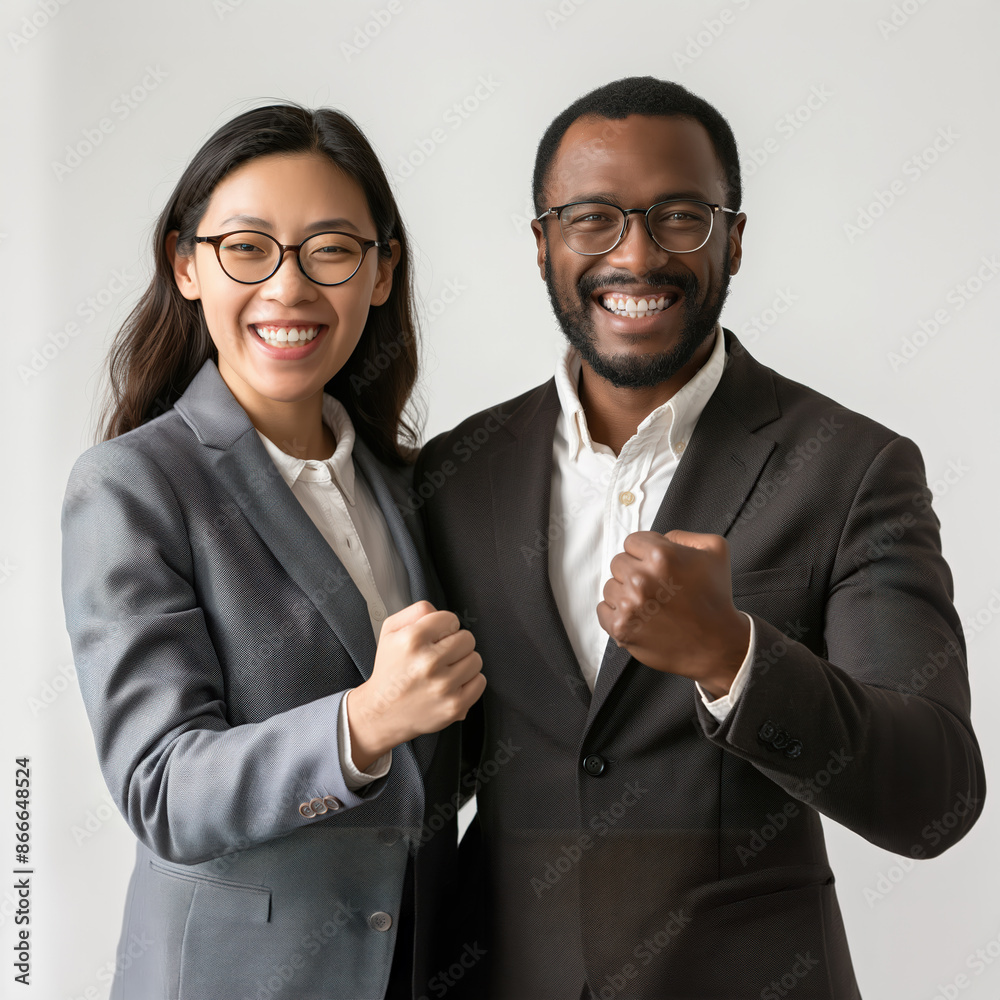 Happy multiethnic business team celebrating success with fists up Happy multiethnic business team celebrating success with fists up