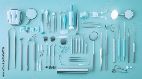 1. Create an image featuring a variety of dental tools arranged neatly on a smooth blue background, showcasing items such as mirrors, probes, scalers, and forceps, highlighting precision and hygiene photo