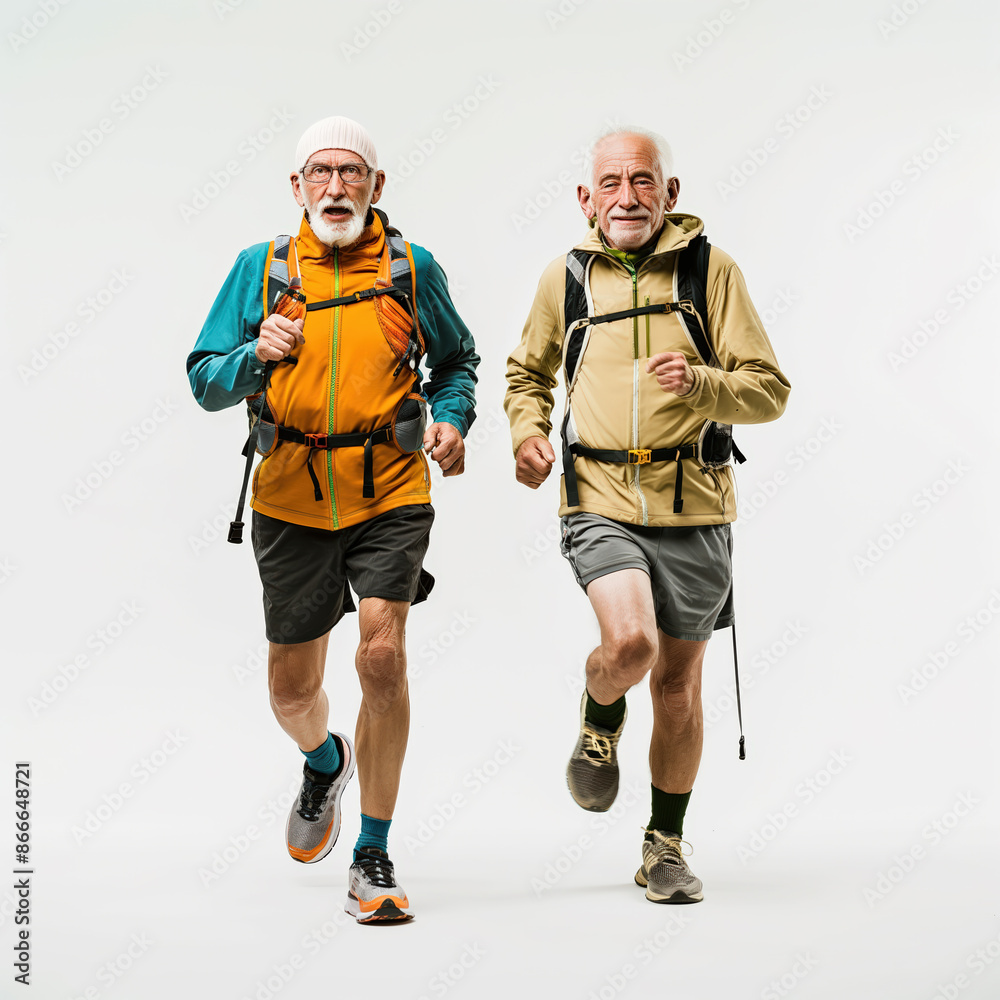 Two senior men wearing backpacks running on white background Two senior men wearing backpacks running on white background