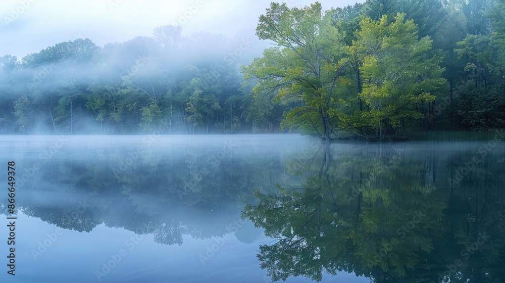 Serene misty morning: tranquil lake enveloped in fog, trees mirrored on its surface, capturing the beauty of nature's reflection Serene misty morning: tranquil lake enveloped in fog, trees mirrored on its surface, capturing the beauty of nature's reflection