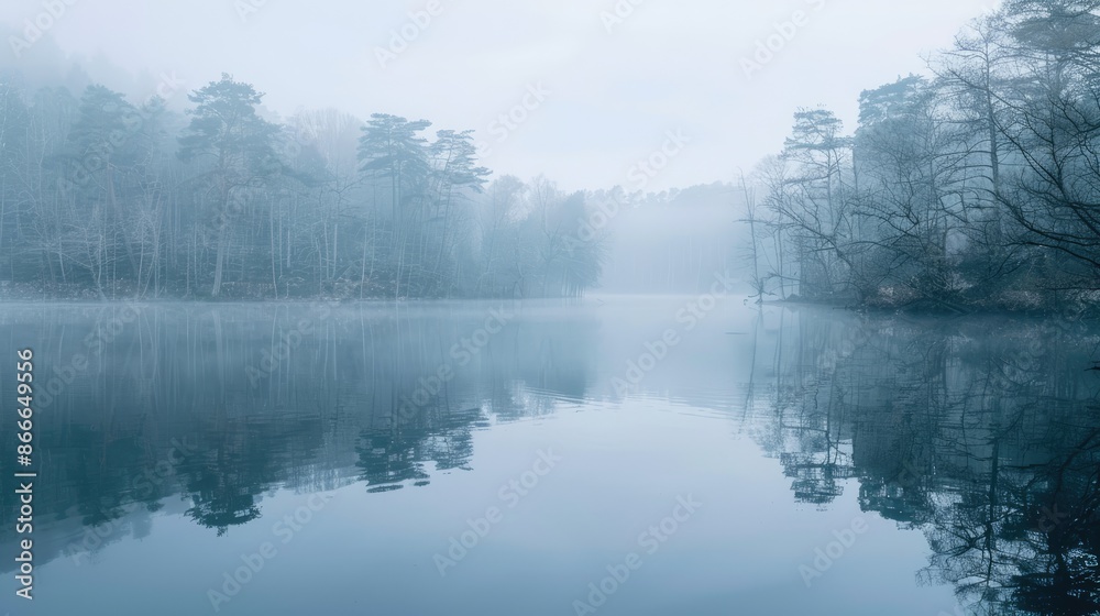 Fototapeta premium Serene misty morning: tranquil lake enveloped in fog, trees mirrored on its surface, capturing the beauty of nature's reflection