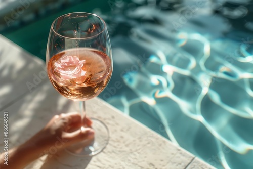 A Glass of Rose Wine by the Pool on a Sunny Day