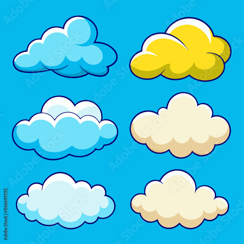 Cartoon clouds in various colors on blue background