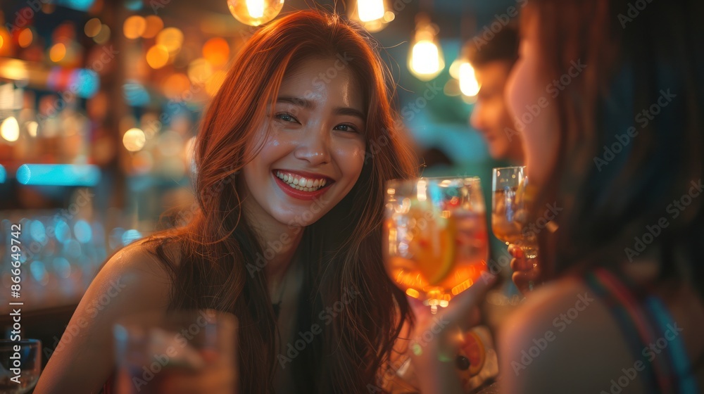 Asian women friends having a great time at a bar restaurant. Attractive young ladies laughing and socializing, enjoying drinks and good company.