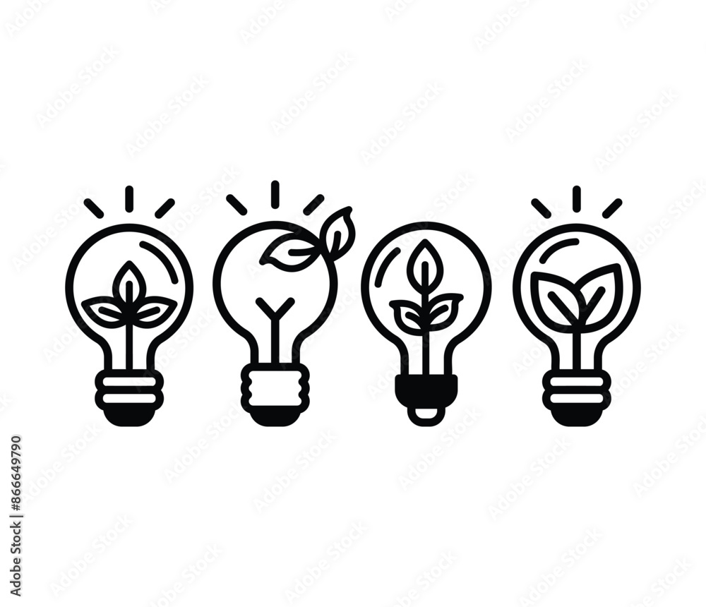 light bulb with leaves ecological idea icons symbol sign vector design illustration simple line black white color collection set light bulb with leaves ecological idea icons symbol sign vector design illustration simple line black white color collection set