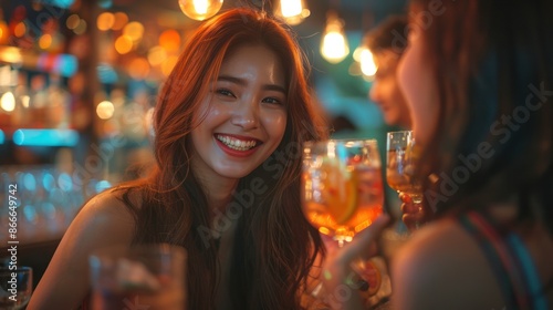 Asian women friends having a great time at a bar restaurant. Attractive young ladies laughing and socializing, enjoying drinks and good company.