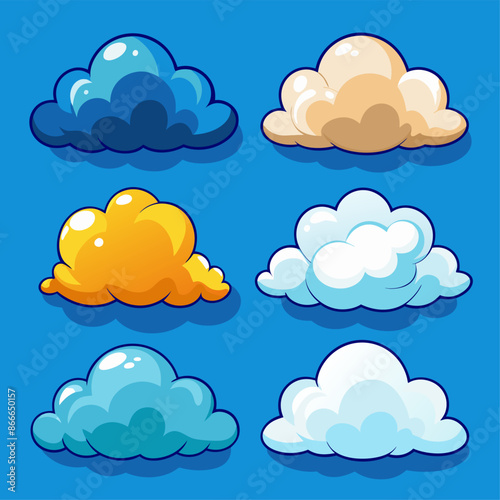 Cartoon clouds of different colors on a blue background