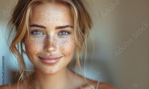 Neutral backdrop frames warm smile of clear-skinned young woman.