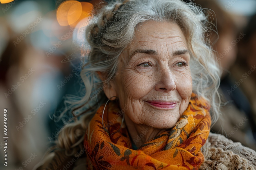 A senior woman with grey hair, smiling softly, wearing a vibrant orange scarf, with a blurred festive background, capturing her graceful and content expression.
A senior woman with grey hair, smiling softly, wearing a vibrant orange scarf, with a blurred festive background, capturing her graceful and content expression.