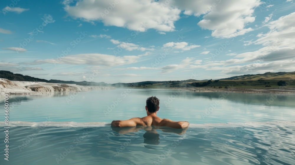 man on his back in a hot spring lake surrounded by mountains man on his back in a hot spring lake surrounded by mountains