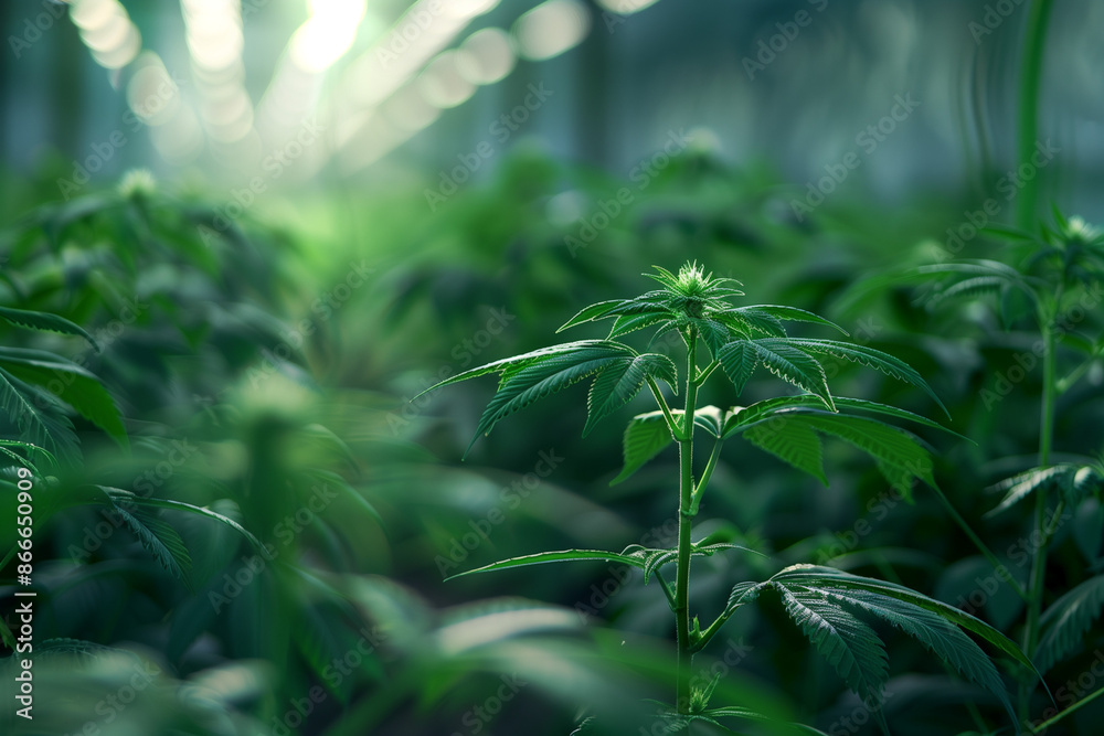 Naklejka premium commercial processing of medical cannabis marijuana leafs in growing plant greenhouse