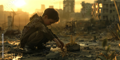 a child playing with a makeshift toy in a desolate, post-apocalyptic landscape, with the remnants of buildings blurred in the background