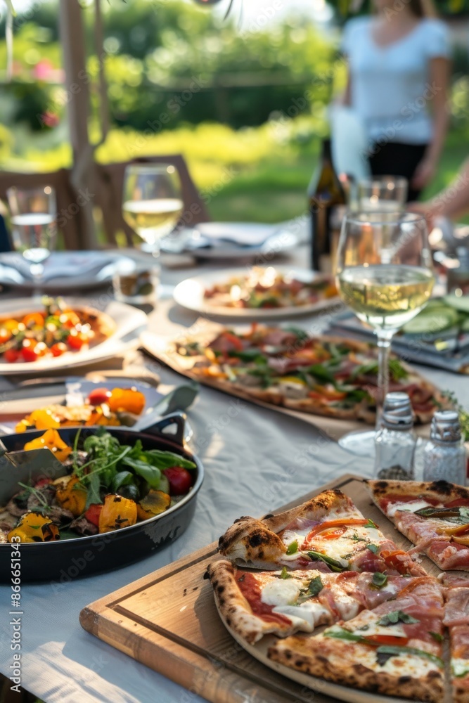 In the comfortable atmosphere of the American backyard, the backyard dinner party, the table has rich food, pizza, steak, In the comfortable atmosphere of the American backyard, the backyard dinner party, the table has rich food, pizza, steak,