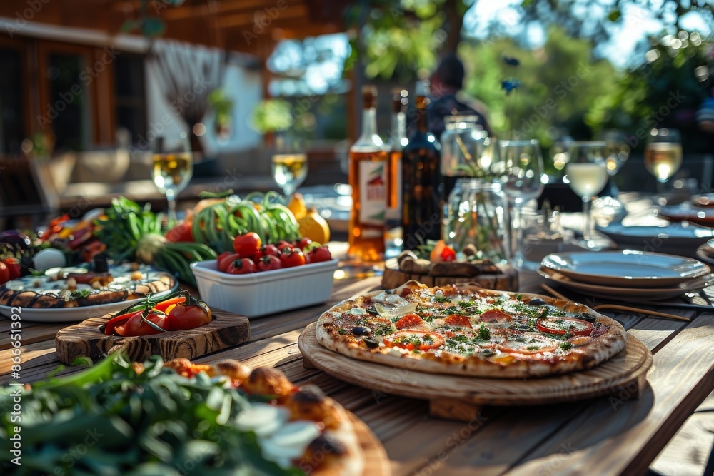 In the comfortable atmosphere of the American backyard, the backyard dinner party, the table has rich food, pizza, steak, In the comfortable atmosphere of the American backyard, the backyard dinner party, the table has rich food, pizza, steak,