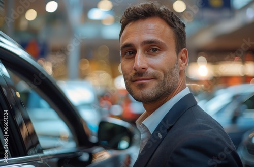 Smiling Man in Suit Leaning on Car in Showroom