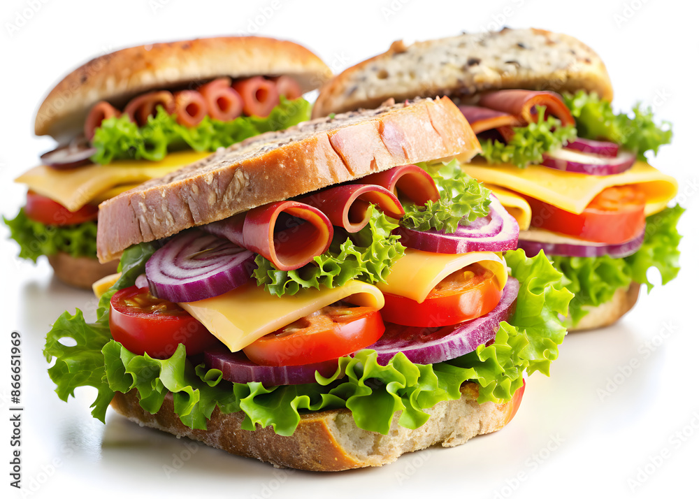 Close-up of Sandwiches with Bacon, Salami, Cheese and Fresh Vegetables on White Background Close-up of Sandwiches with Bacon, Salami, Cheese and Fresh Vegetables on White Background