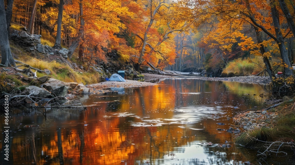 A peaceful riverside campsite with a view of a gently flowing river and vibrant autumn trees reflected in the water. A peaceful riverside campsite with a view of a gently flowing river and vibrant autumn trees reflected in the water.