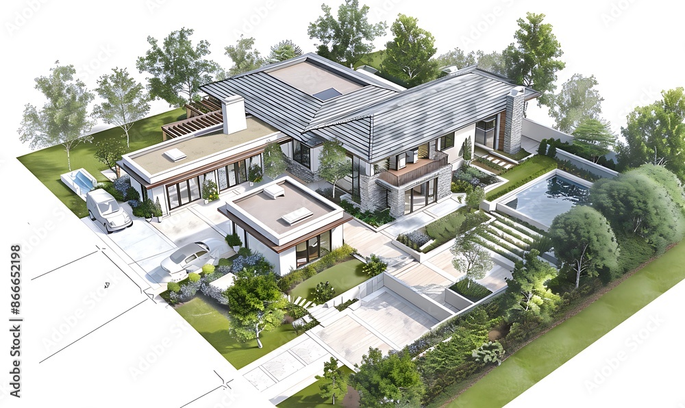 One-Story Home Layout Perspective View with Detailed Floor Plan One-Story Home Layout Perspective View with Detailed Floor Plan