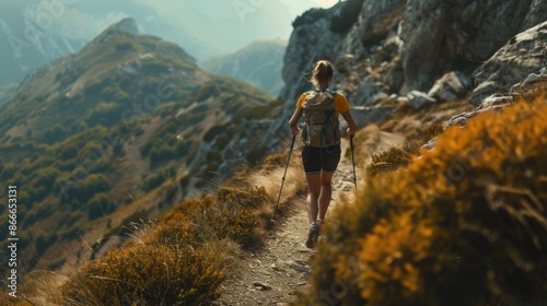 Hiker with backpack walking on a rugged mountain trail at sunrise, surrounded by breathtaking views. AIG62 photo