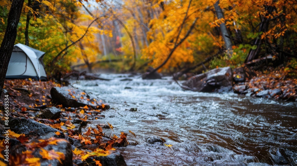 A peaceful riverside campsite with a view of a gently flowing river and vibrant autumn foliage in the background. A peaceful riverside campsite with a view of a gently flowing river and vibrant autumn foliage in the background.