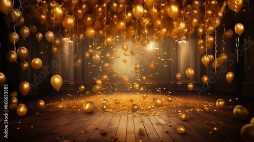 Elegant Celebration with Shiny Gold Balloons and Confetti in a Luxurious Event Hall