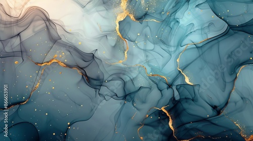 An abstract image featuring swirls of teal and gold ink photo