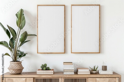 two wooden picture frames hanging on a white wall above a modern sideboard with books and a potted plant in a close up view
