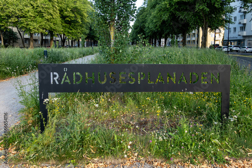 Gavle, Sweden A metallic sign for the Radhusesplanaden park in the downtown. photo