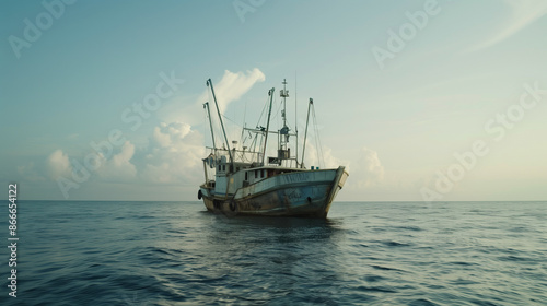 A large, old boat is floating in the ocean