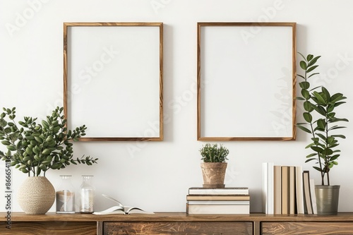 two wooden picture frames hanging on a white wall above a modern sideboard with books and a potted plant in a close up view