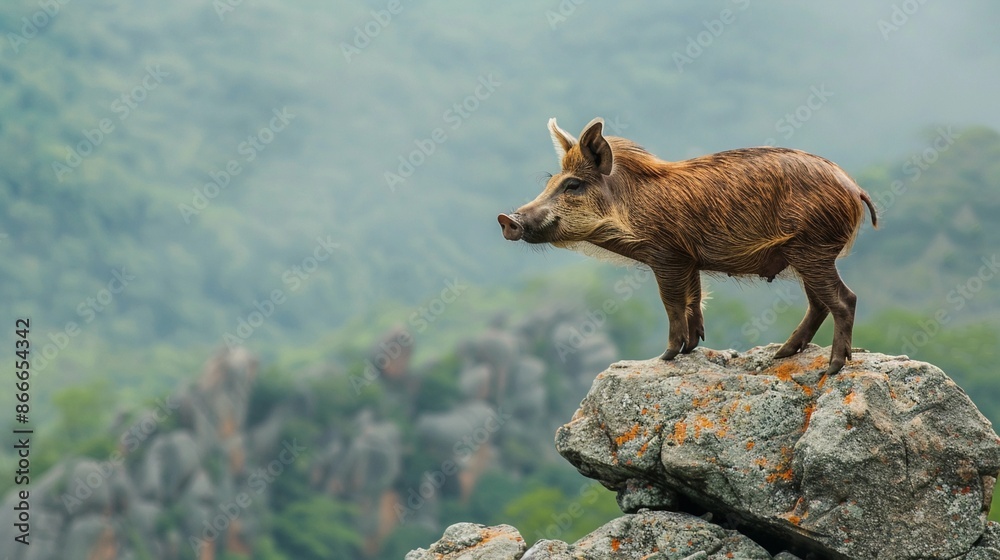 realistic animal photography of pig standing on a rock mountain realistic animal photography of pig standing on a rock mountain