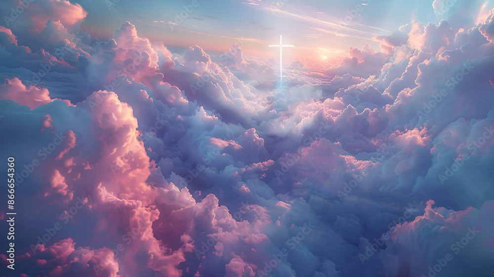 A breathtaking scene of a cross emerging from a sea of clouds. The clouds are painted in hues of pink, blue, and white, creating a dreamy and ethereal atmosphere A breathtaking scene of a cross emerging from a sea of clouds. The clouds are painted in hues of pink, blue, and white, creating a dreamy and ethereal atmosphere