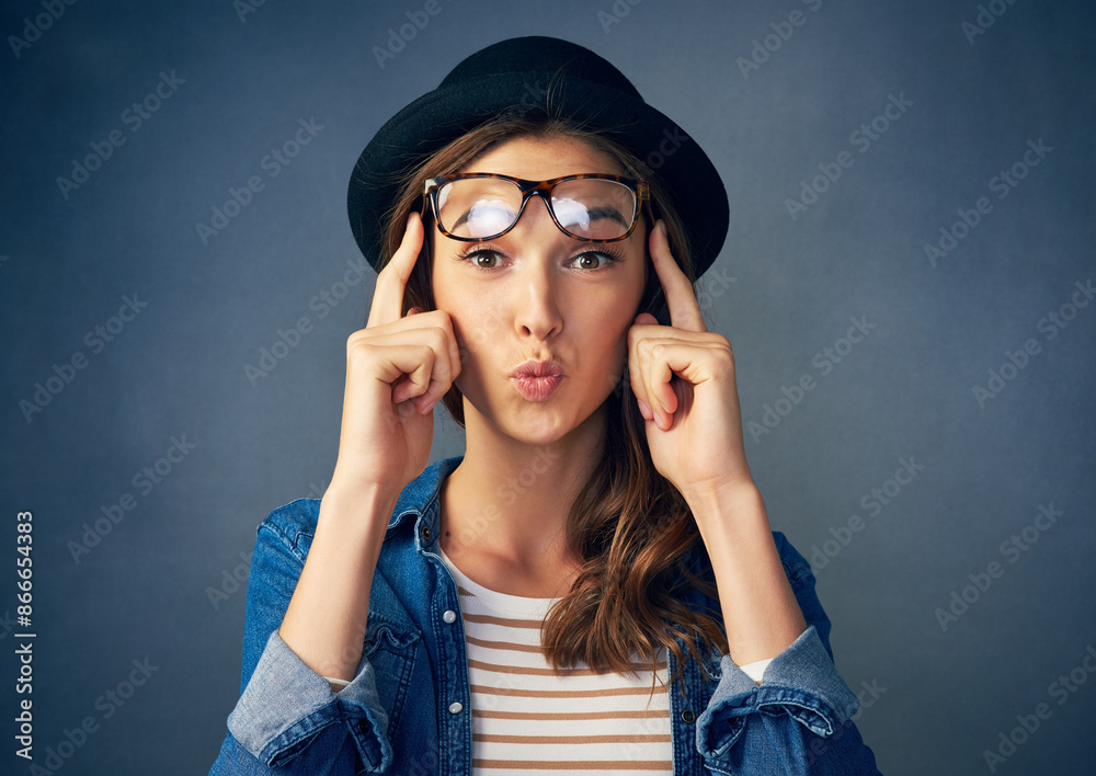 Portrait, thinking and woman with glasses for idea, vision and mindset isolated on studio background. Face, planning future and girl in hat for problem solving, inspiration and decision for solution Portrait, thinking and woman with glasses for idea, vision and mindset isolated on studio background. Face, planning future and girl in hat for problem solving, inspiration and decision for solution