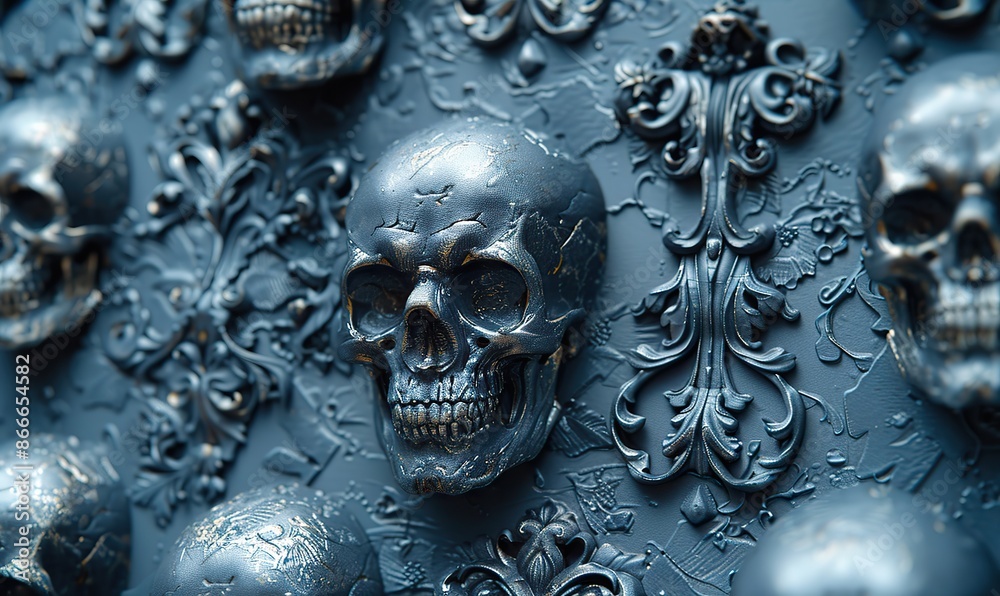Dark, scary Gothic Halloween pattern of seamless 3D metallic skulls wallpaper, ideal for fabric print, packing paper, and other patterns, evoking a haunting atmosphere. Dark, scary Gothic Halloween pattern of seamless 3D metallic skulls wallpaper, ideal for fabric print, packing paper, and other patterns, evoking a haunting atmosphere.