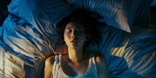 woman sleeping in bed at night, wearing blue sheets and a white tank top in a dark room