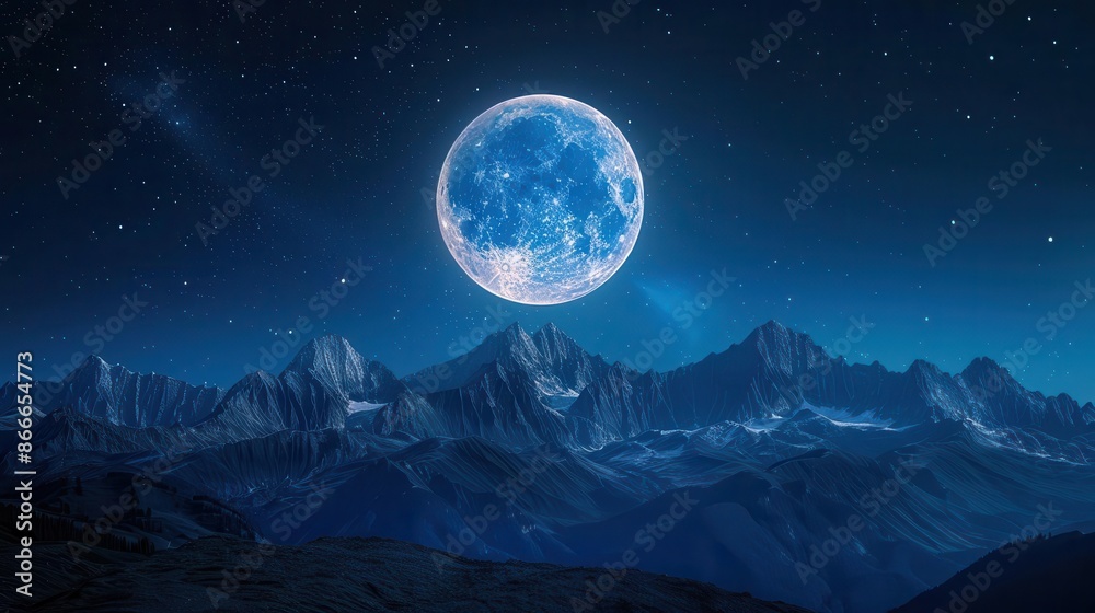 Supermoon over mountain range at night, isolated on dark background, copy space Supermoon over mountain range at night, isolated on dark background, copy space