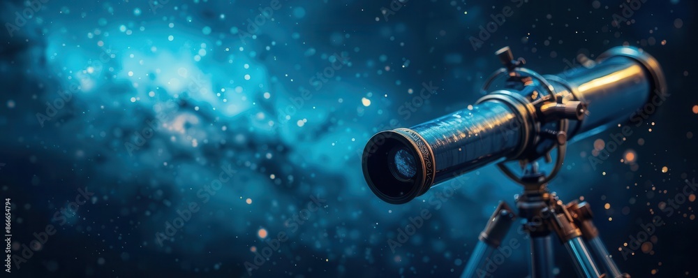 Telescope pointing at the night sky, isolated on dark background, copy space Telescope pointing at the night sky, isolated on dark background, copy space