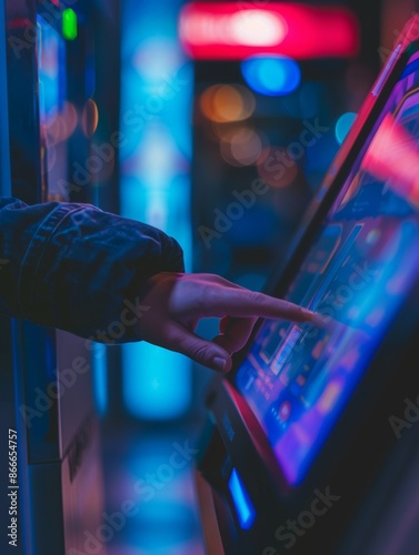 A Hand Interacting With A Touchscreen Kiosk At Night