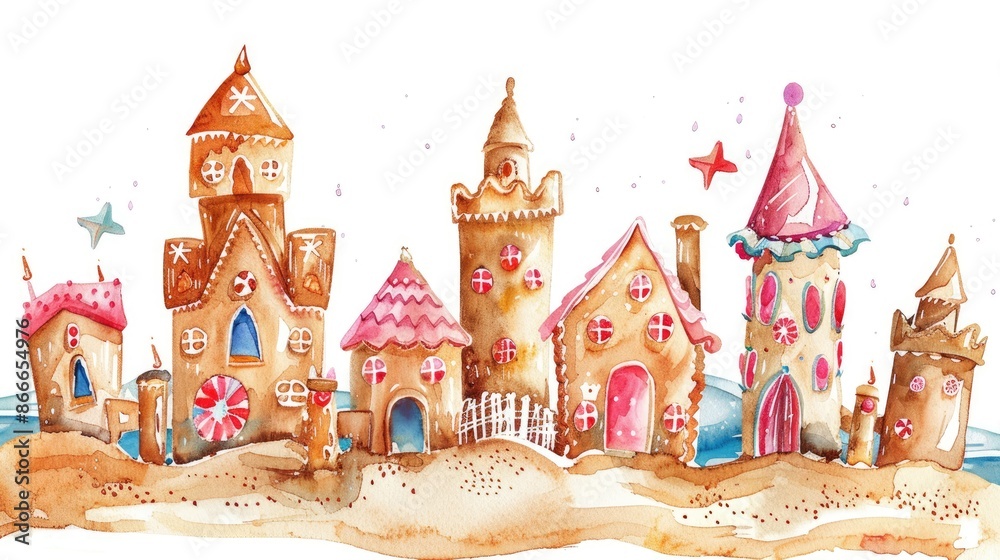 A watercolor painting of gingerbread houses on a beach with a blue sea in the background A watercolor painting of gingerbread houses on a beach with a blue sea in the background