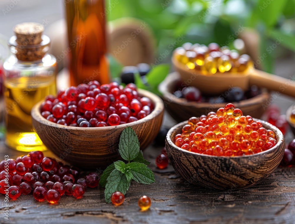 Three bowls of red and orange caviar with a bottle of oil and a wooden spoon on a rustic wooden surface. Three bowls of red and orange caviar with a bottle of oil and a wooden spoon on a rustic wooden surface.
