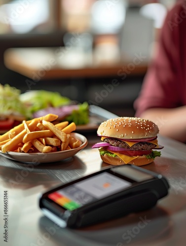 A Cheeseburger, Fries, and a Payment Terminal on a Restaurant Table