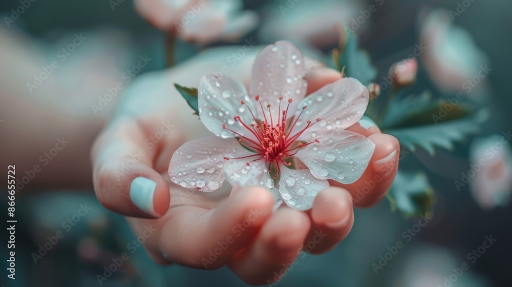 A delicate pink flower with water droplets rests in a woman's hand, showcasing the beauty of nature. A delicate pink flower with water droplets rests in a woman's hand, showcasing the beauty of nature.
